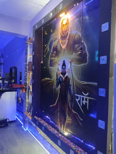 Hanuman devotional mural with LED lighting